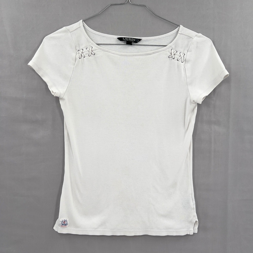 Lauren Ralph Lauren Women's White Short Sleeve T-Shirt‎ Top W/ Shoulder Lacing S